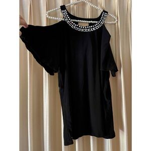 Elegant Black Cold Shoulder Top w/ Rhinestones Jewels Embellished Neckline XL